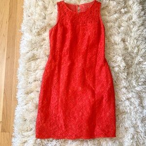 J. Crew sleeveless red lace dress.